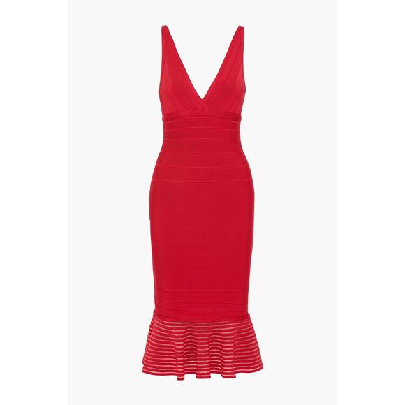 HERVÉ LÉGER Romantic Cocktail Metallic Trim Designer Bandage Midi Dress $1,690 - Picture 6 of 8